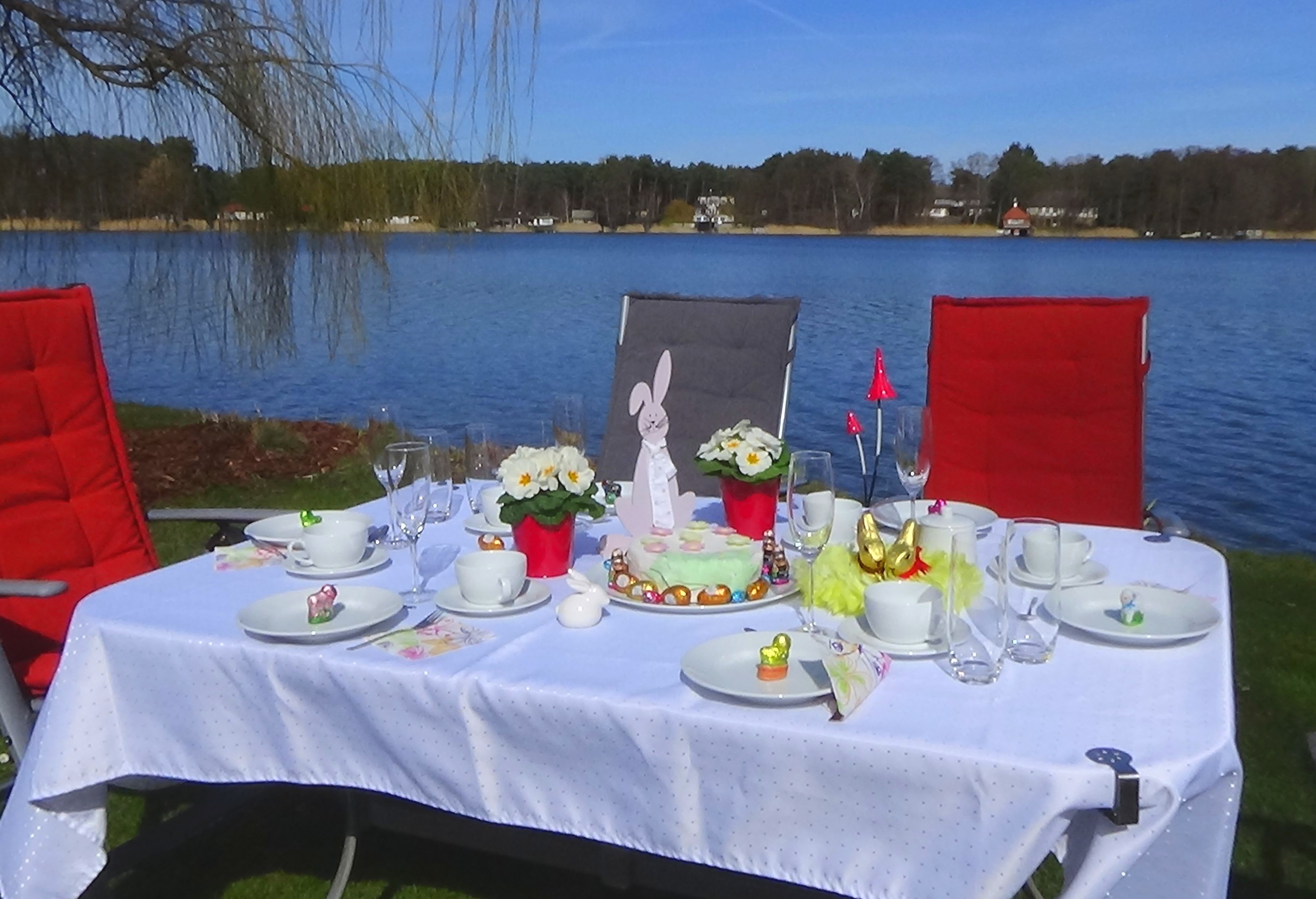 Ferienhaus Drei am Zemminsee, gedeckte Kaffeetafel auf der Liegewiese am See